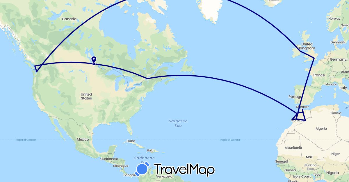TravelMap itinerary: driving in Canada, United Kingdom, Ireland, Morocco, United States (Africa, Europe, North America)